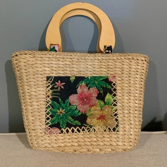 Vintage Straw Purse with wooden handles - Picture 1 of 7